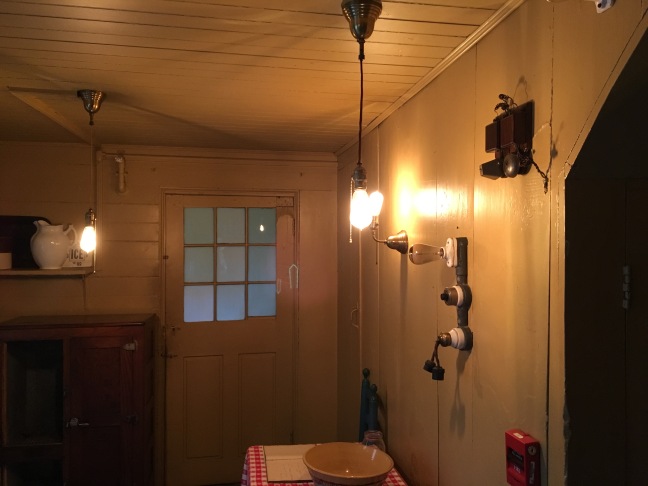 Wall of lighting and cloth-covered wire at Wayside: Home of Authors, Concord, MA